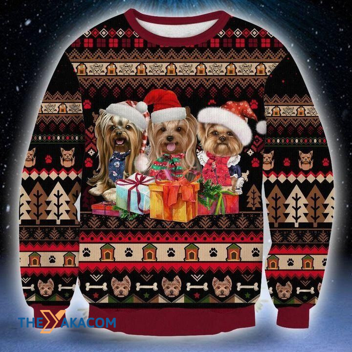 Three Lovely Yorkshire Dog With Christmas Present Gift For Christmas Ugly Christmas Sweater
