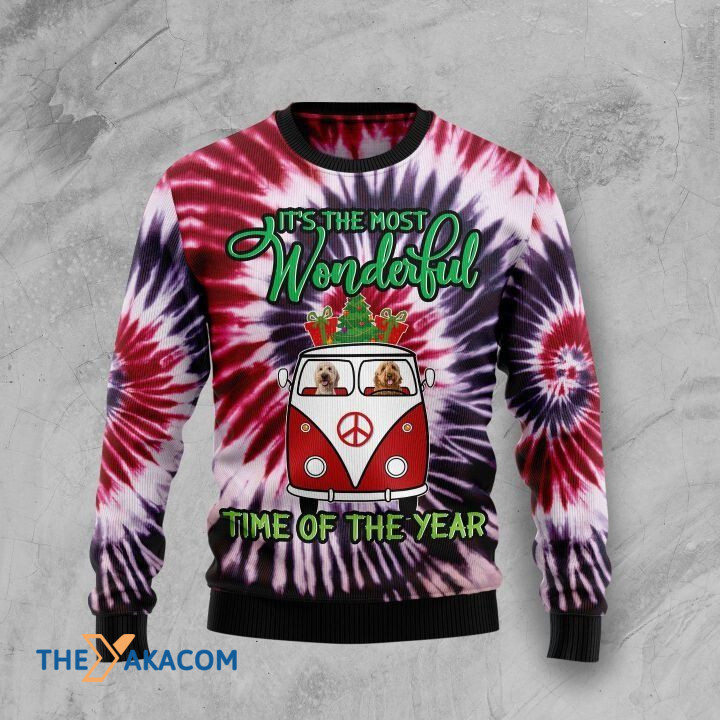 Tie Dye With Lovely Goldendoodle In Bus It_s The Most Wonderful Time Of The Year Gift For Christmas Ugly Christmas Sweater