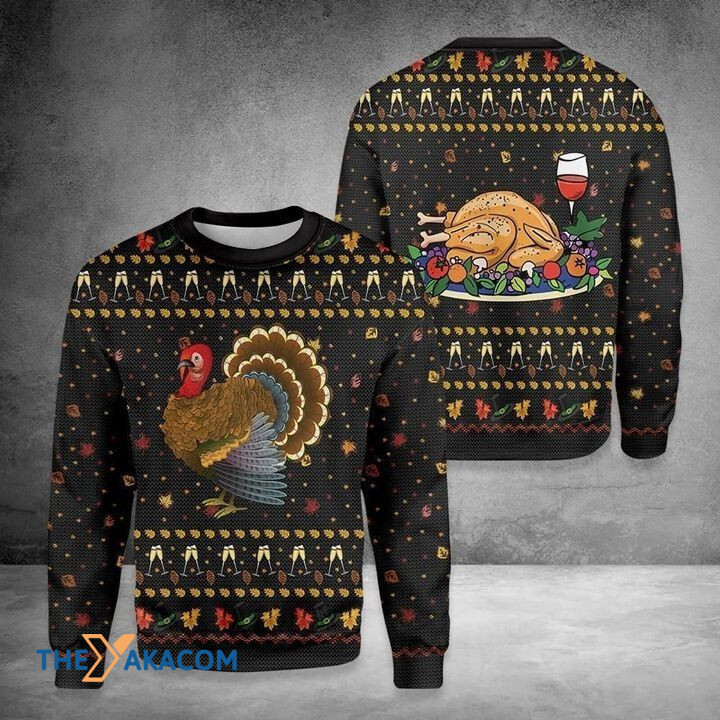 Turkey In Plate And Red Wine For Thankgiving Gift For Christmas Ugly Christmas Sweater