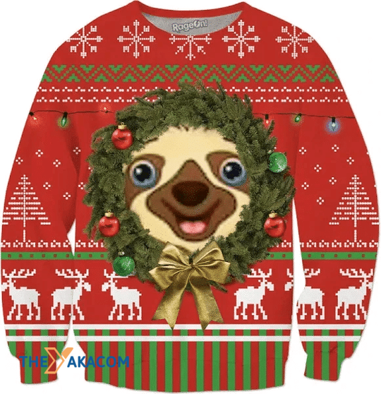 Merry Xmas With Adorable Happy Sloth Face And Special Pattern Ugly Christmas Sweater