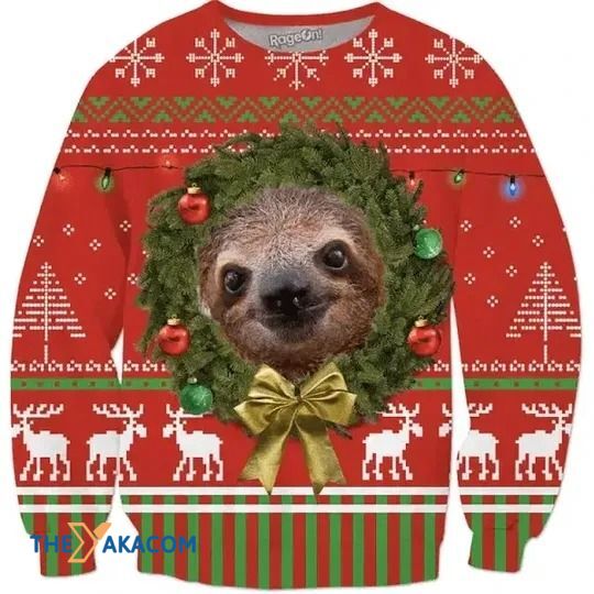 Merry Xmas With Awesome Pattern Happy Sloth Face Christmas Sweater