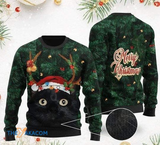 Merry Xmas With Awesome Pattern Merry Black Cat Reindeer Christmas Sweater