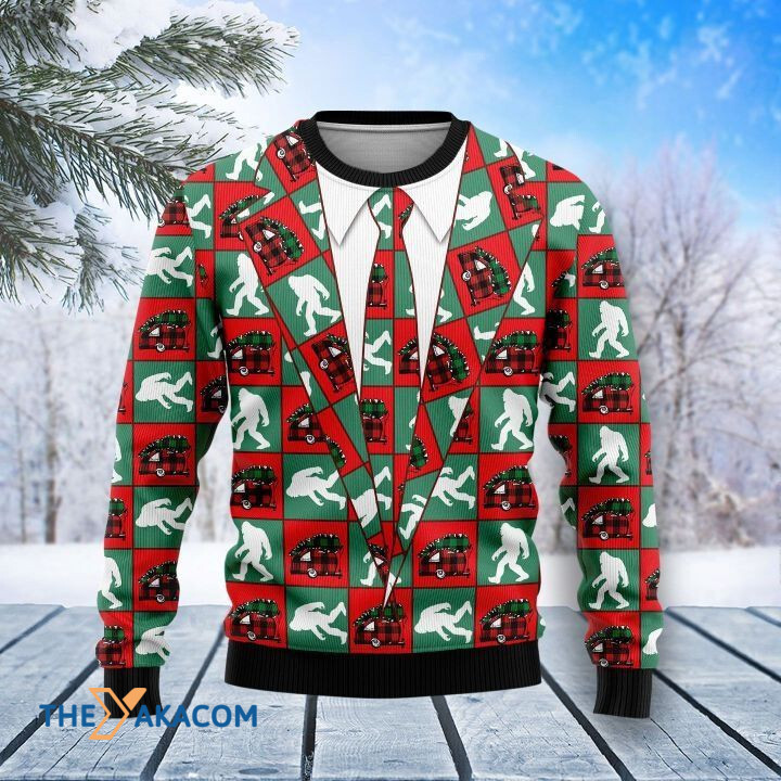 Vest Shape With Bigfoot And Plaid Tent Patterns Gift For Christmas Ugly Christmas Sweater
