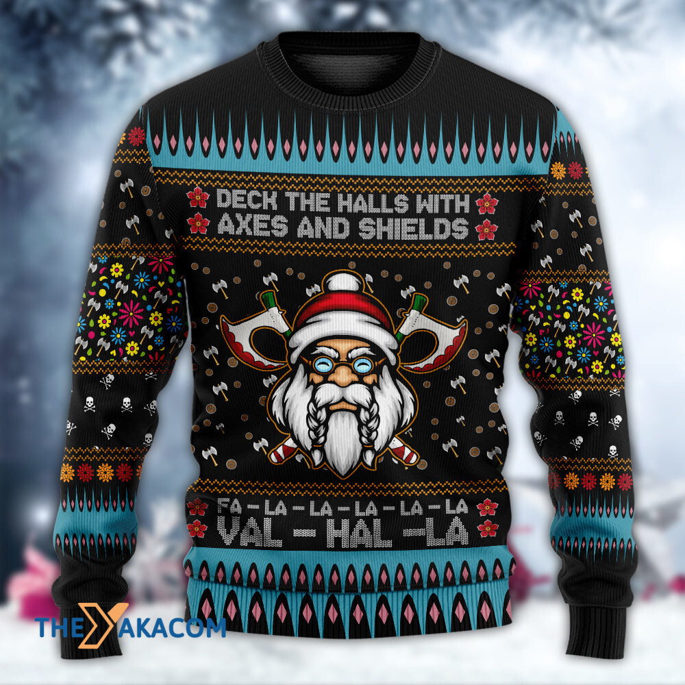 Viking Christmas Deck The Halls With Axes And Shields Gift For Lover Ugly Christmas Sweater
