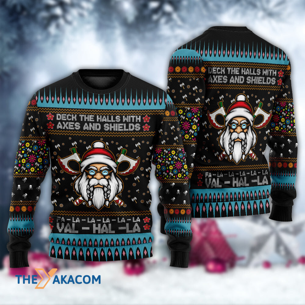 Viking Christmas Deck The Halls With Axes And Shields Gift For Lover Ugly Christmas Sweater