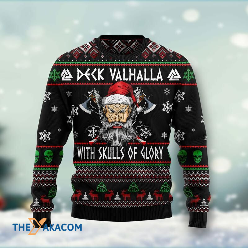 Viking Deck Valhalla With Skulls Of Glory Awesome Gift For Christmas Ugly Christmas Sweater