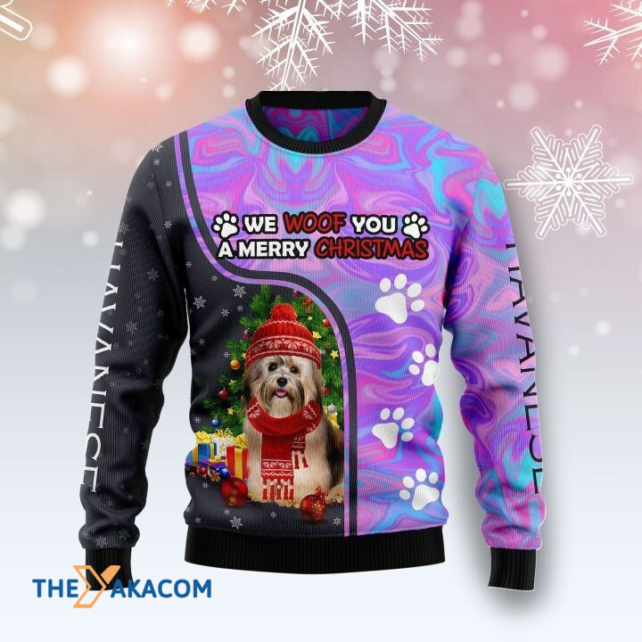 Warm Havanese Dog Hologram We Woof You A Merry Christmas Gift For Christmas Ugly Christmas Sweater