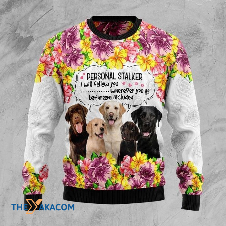 White And Black Labrador Retriever Dog Family With Coloful Flowers Personal Stalker I Will Follow You Gift For Christmas Ugly Christmas Sweater