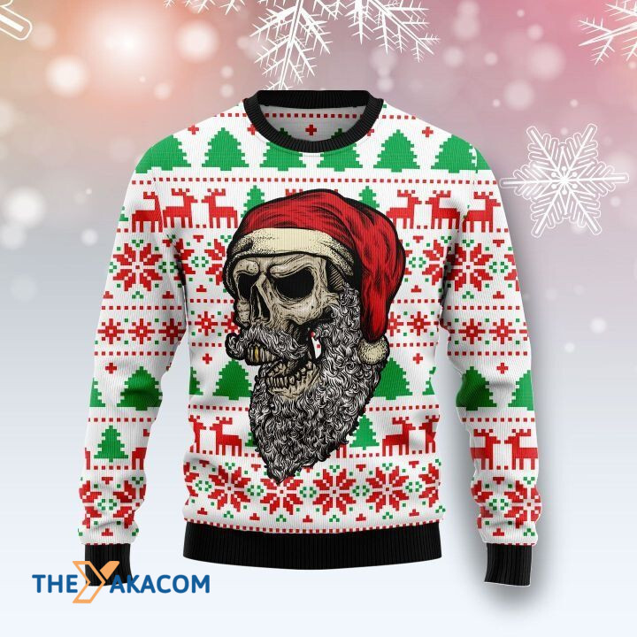 White And Red Background With Skull Santa Claus Gift For Christmas Ugly Christmas Sweater