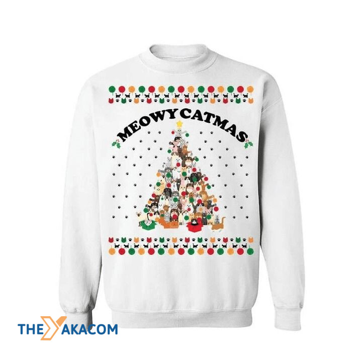 White Christmas Pattern And Meowy Catmas Gift For Christmas Ugly Christmas Sweater