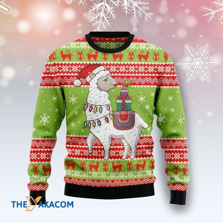 White Llama With Colorful Light Carry Christmas Box Gift For Christmas Ugly Christmas Sweater White Llama With Colorful Light Carry Christmas Box Gift For Christmas Ugly Christmas Sweater