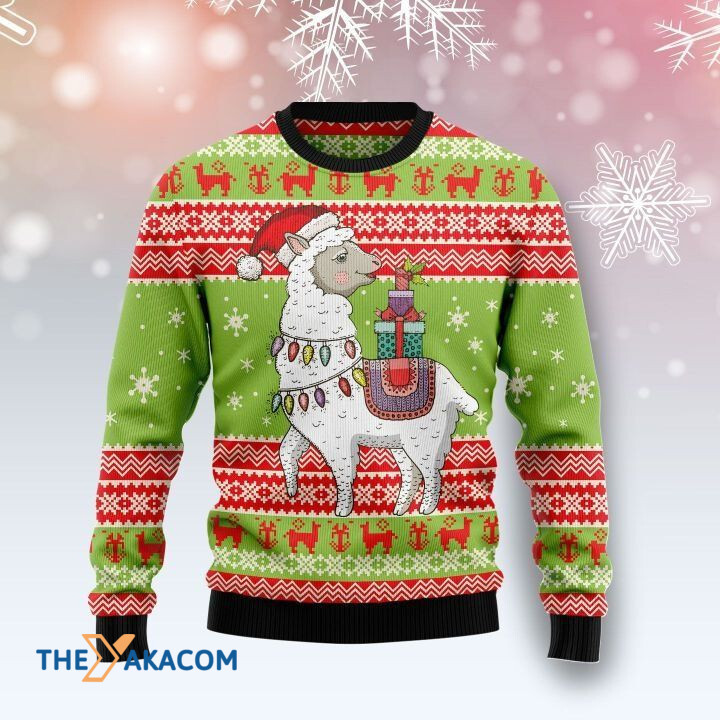 White Llama With Colorful Light Carry Christmas Box Gift For Christmas Ugly Christmas Sweater
