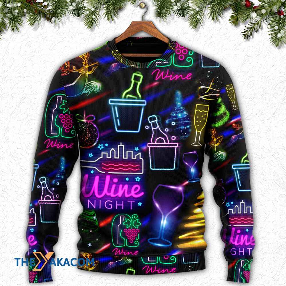 Wine Christmas Neon Art Drinking Gift For Lover Ugly Christmas Sweater
