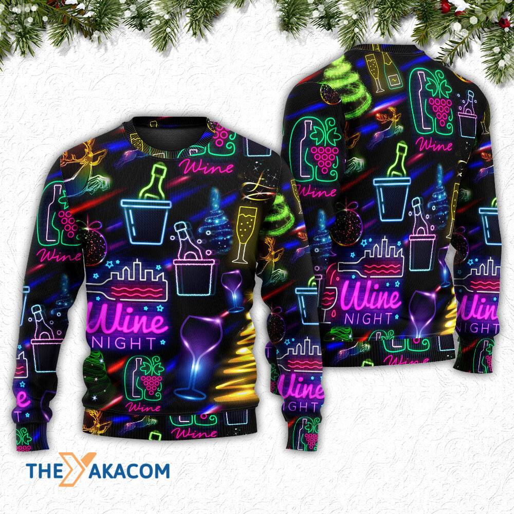 Wine Christmas Neon Art Drinking Gift For Lover Ugly Christmas Sweater