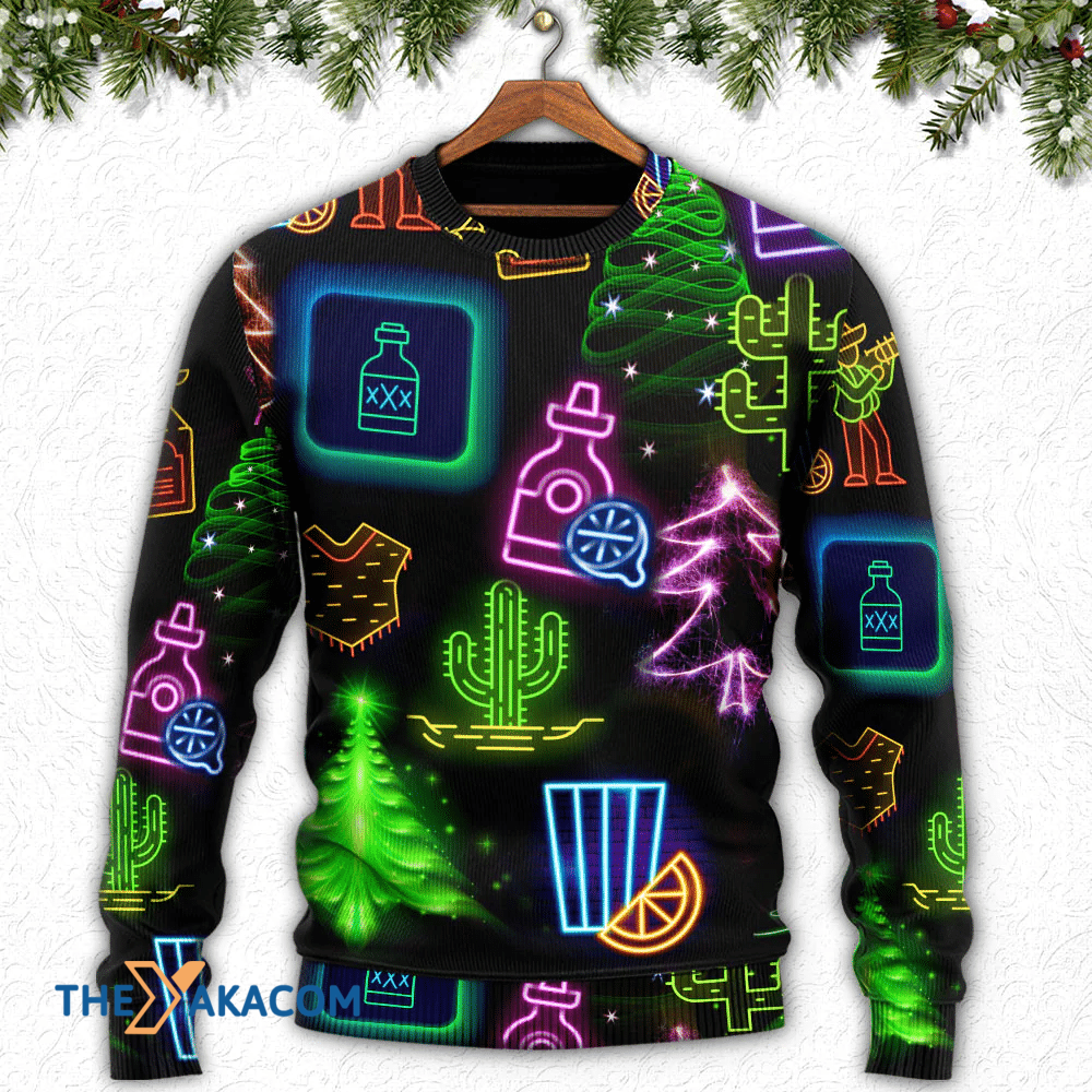 Wine Tequila Christmas Neon Art Drinking Gift For Lover Ugly Christmas Sweater