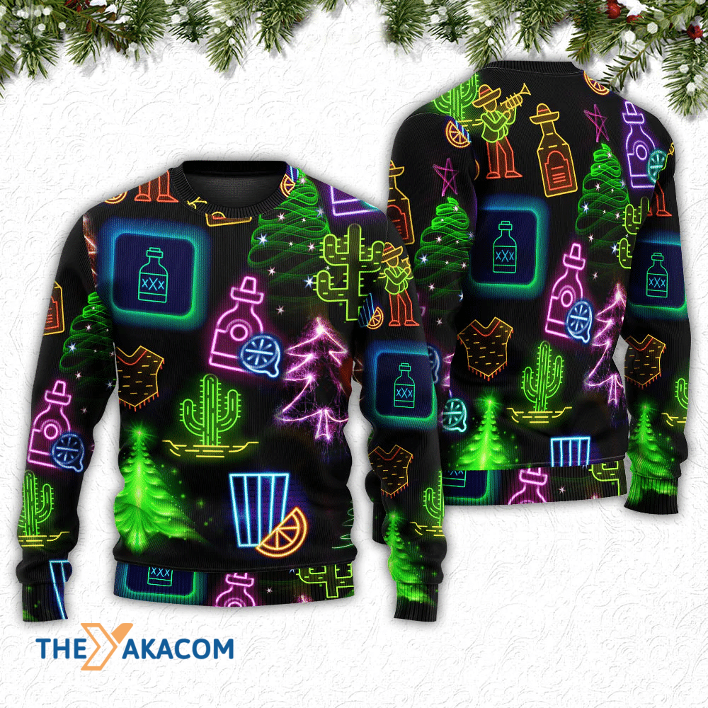 Wine Tequila Christmas Neon Art Drinking Gift For Lover Ugly Christmas Sweater