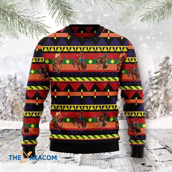 Yellow And Orange Pattern With Cowboy Riding Horse Gift For Christmas Ugly Christmas Sweater