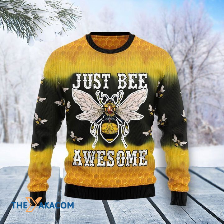 Yellow Background Just Bee Awesome Gift For Christmas Ugly Christmas Sweater