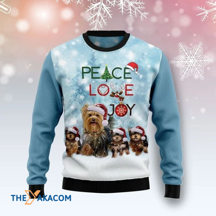 Yorkshire Terrier Dog Family In Winter Peace Love Joy Gift For Christmas Ugly Christmas Sweater
