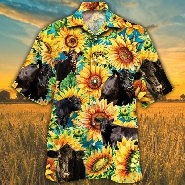 Black Angus Cattle Lovers Sunflower Watercolor Aloha Hawaiian Shirts For Men For Women