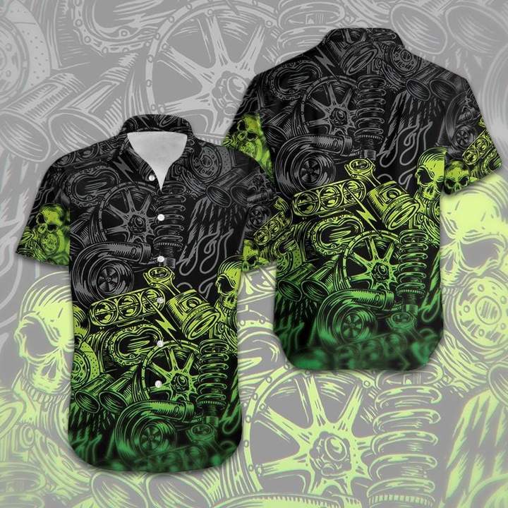 Green Motorbike Skull Mechanical Aloha Hawaiian Shirts For Men For Women