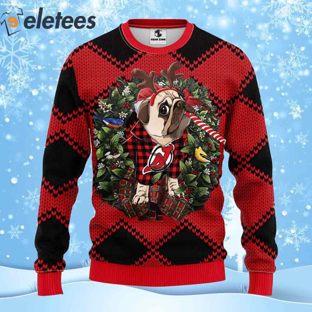 Devils Hockey Pug Dog Ugly Christmas Sweater