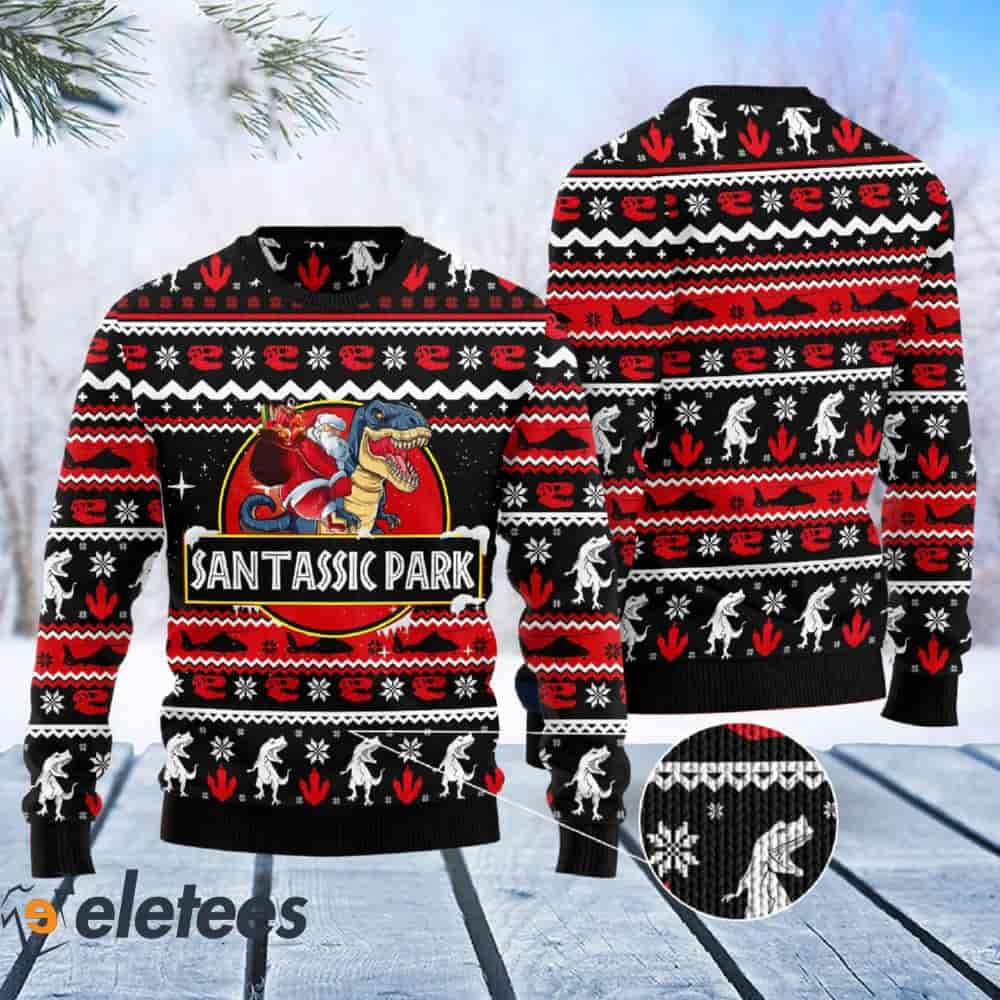 Dinosaur Santassic Park Ugly Christmas Sweater