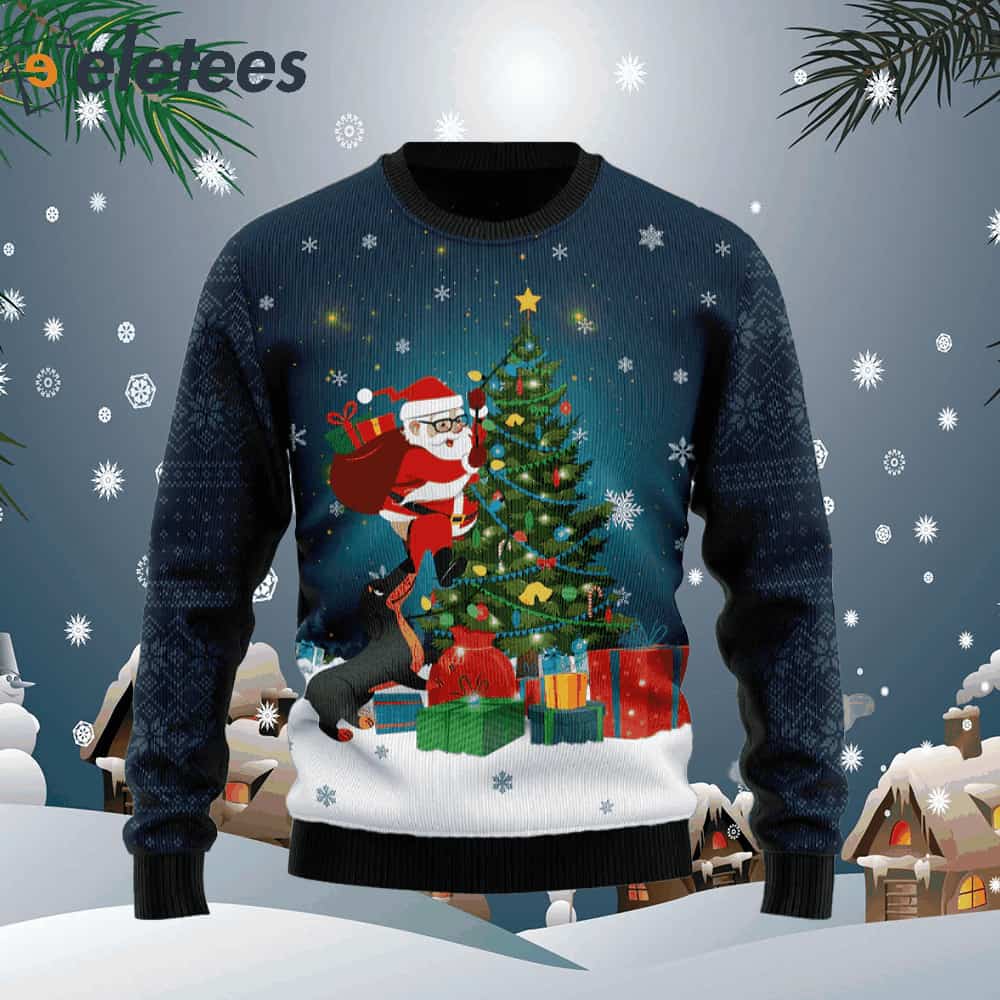 Dog Biting A Santa Claus In The Night Ugly Christmas Sweater