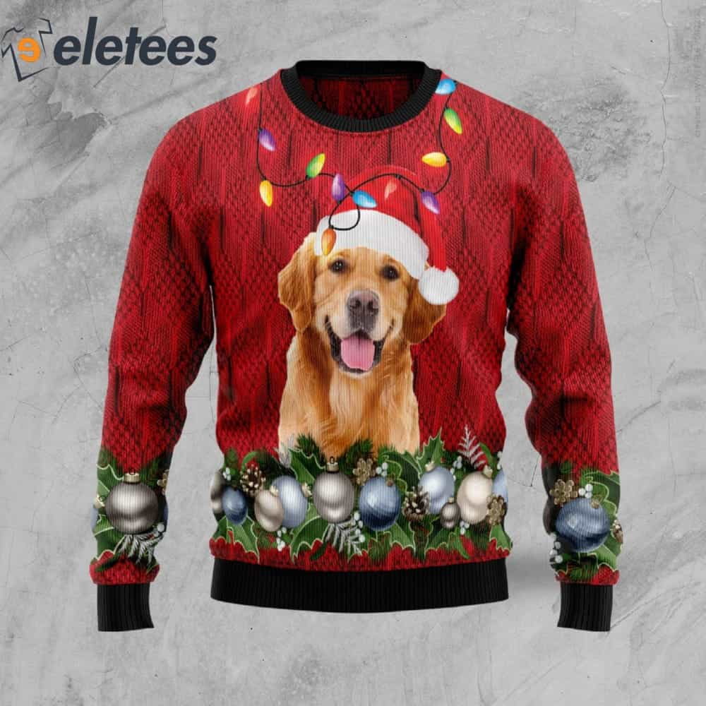 Golden Retriever Wears Noel Hat Ugly Christmas Sweater