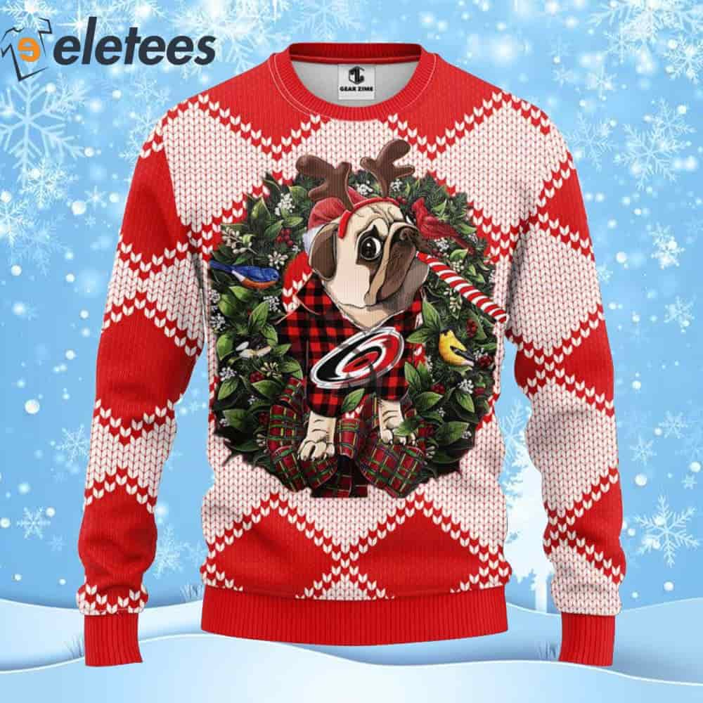 Hurricanes Hockey Pug Dog Ugly Christmas Sweater