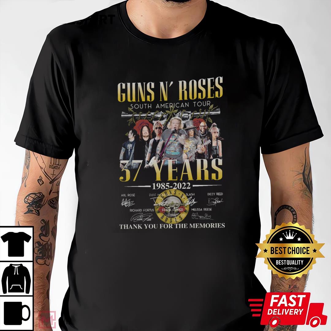 Guns N’ Roses South American Tour 37 Years 1985 2022 Signatures Thank You For The Memories T-Shirt