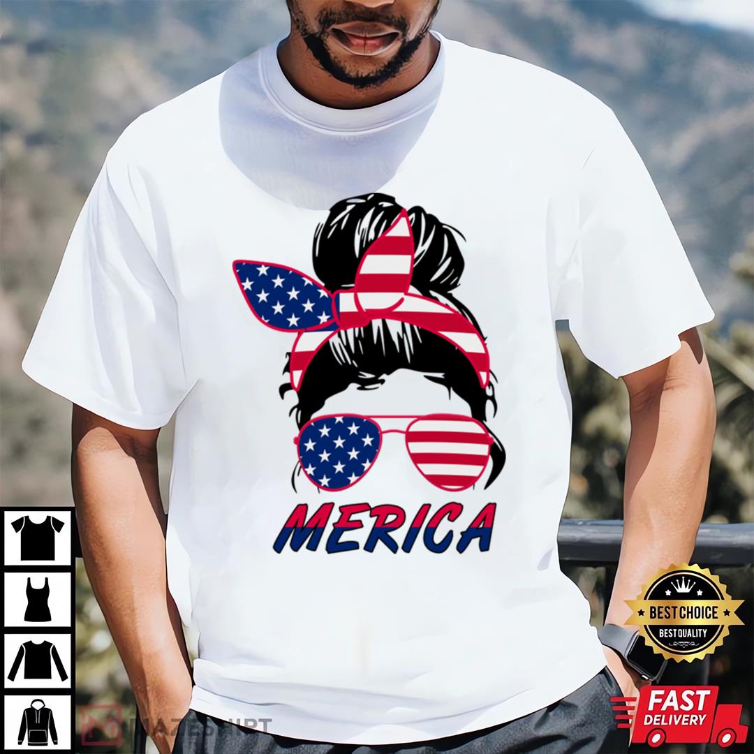 USA Flag Sunglasses 4th Of July Messy Bun T-Shirt
