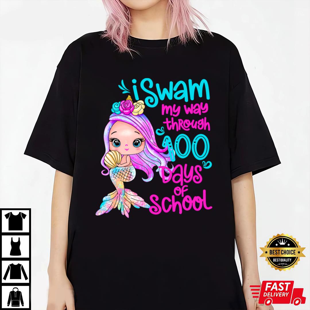 Unicorn Mermaid I Swam My Way Through 100 Days Of School T-Shirt