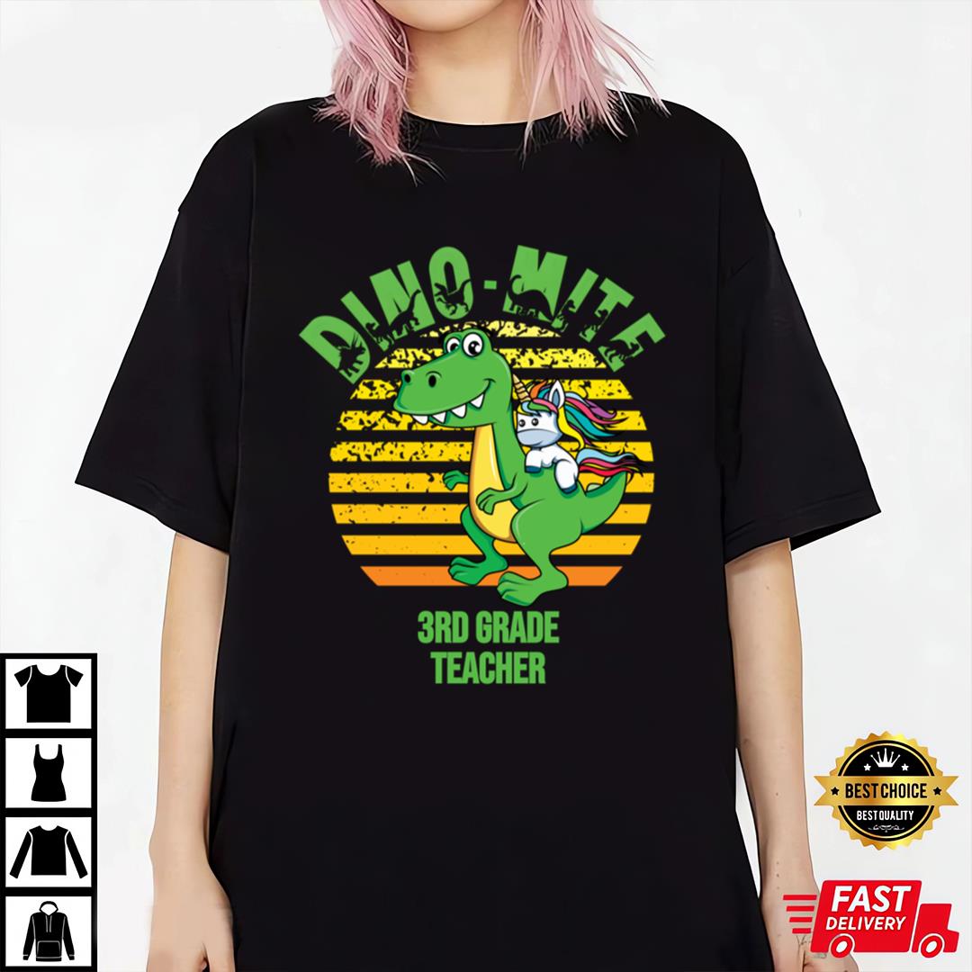 Third Grade Teacher Dinosaur Unicorn Retro Sunset Dino-mite T-shirt