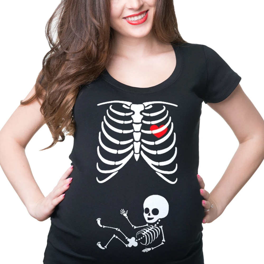 Pregnancy Halloween Couple T-shirts X-Ray Skeleton For Mom Halloween Costume T-shirts