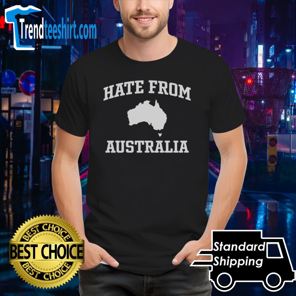 Tom Segura wearing hate from Australia shirt