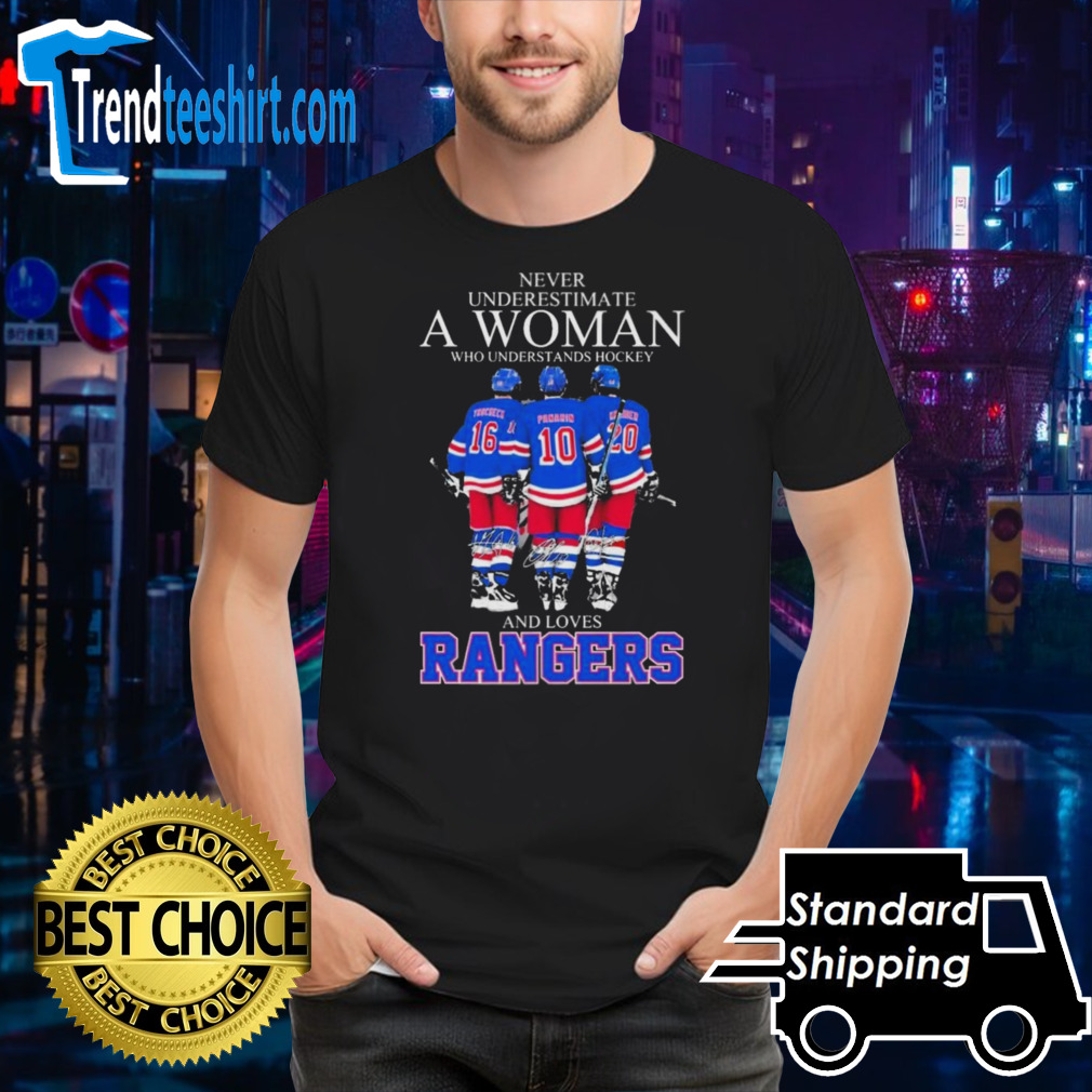 Never Underestimate A Woman Who Understands Hockey And Loves New York Rangers Trocheck Panarin And Kreider Signatures Shirt
