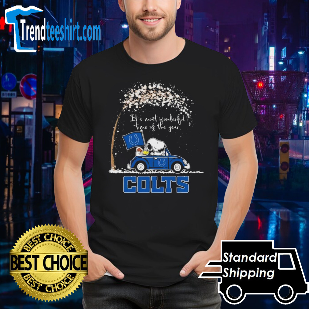 Peanuts Snoopy And Woodstock On Car Indianapolis Colts It’s Most Wonderful Time Of The Year Shirt