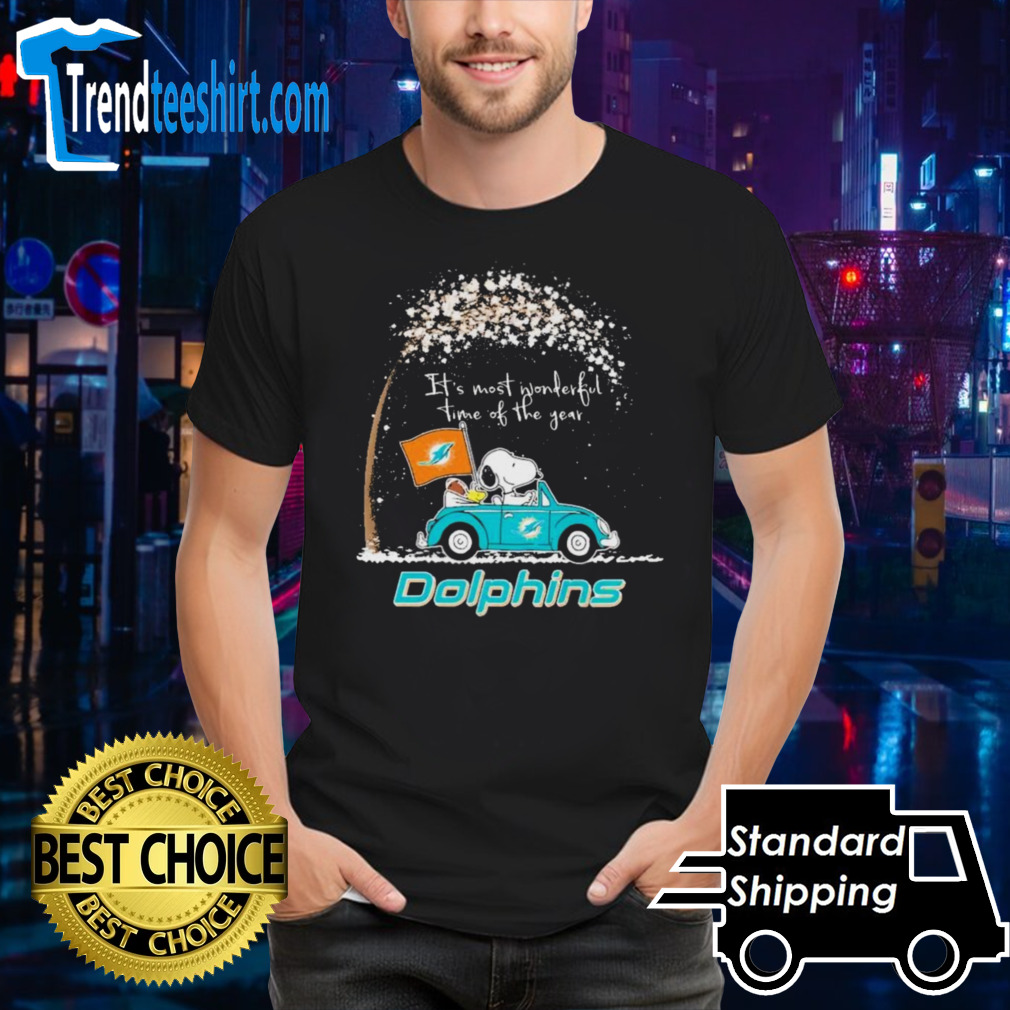 Peanuts Snoopy And Woodstock On Car Miami Dolphins It’s Most Wonderful Time Of The Year Shirt