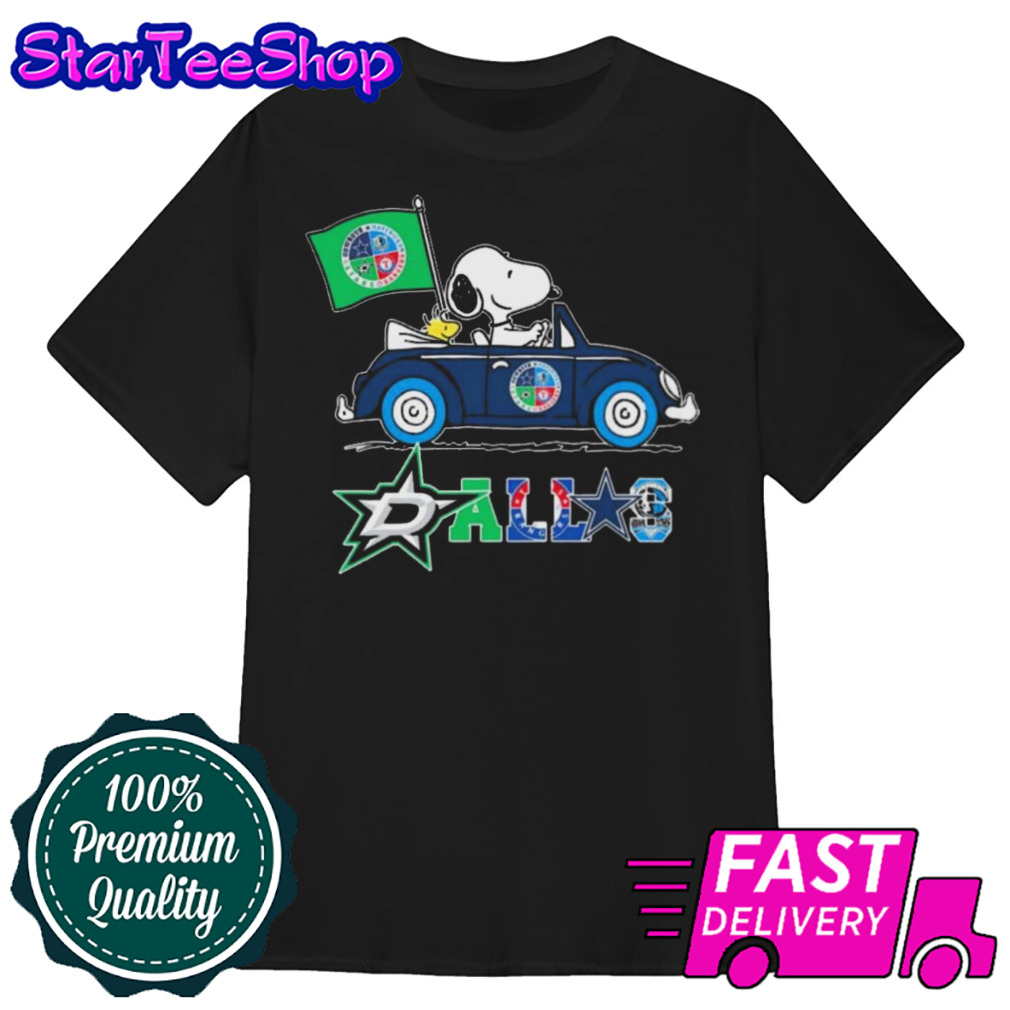 Peanuts Snoopy And Woodstock On Car Dallas Sports Teams Logo shirt